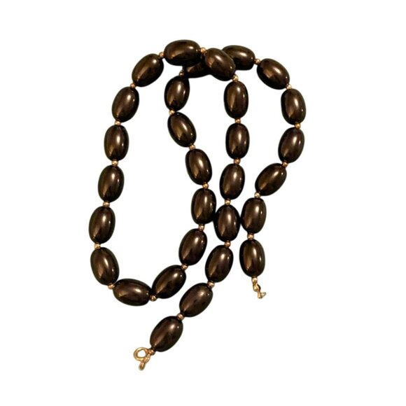 Vintage Black Beaded Necklace Gold-tone separator beads 24 Inches Elegant Oval - Picture 10 of 10